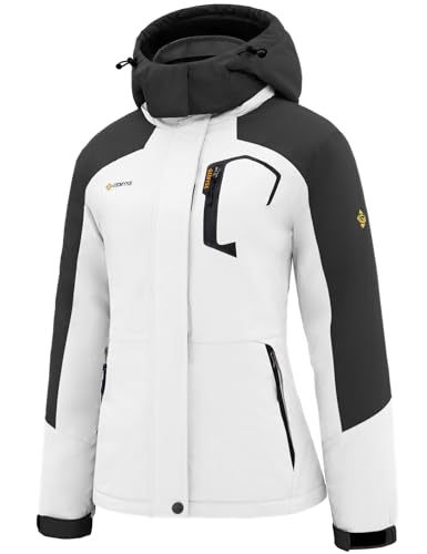 GEMYSE Damen Wasserdichte Berg-Skijacke Winddichte Skijacke Fleece Outdoor-Winterjacke mit Kapuze (Weiß Dunkelgrau,XL) von GEMYSE