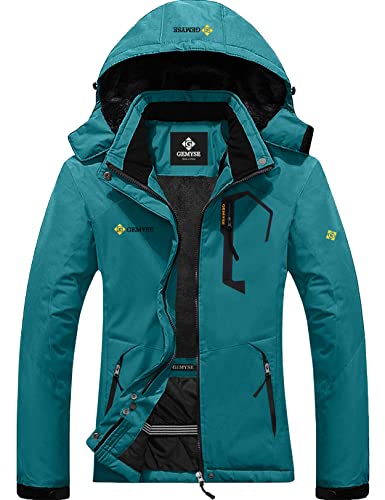 GEMYSE Damen Wasserdichte Berg-Skijacke Winddichte Fleece Outdoor-Winterjacke mit Kapuze (Acid Blau 01,2XL) von GEMYSE