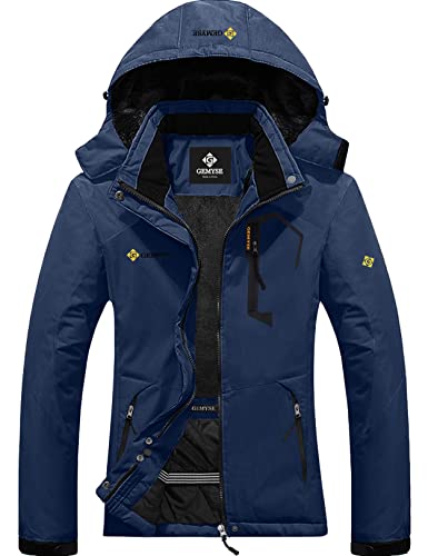 GEMYSE Damen wasserdichte Berg-Skijacke Winddichte Fleece Outdoor-Winterjacke mit Kapuze (Navy,L) von GEMYSE