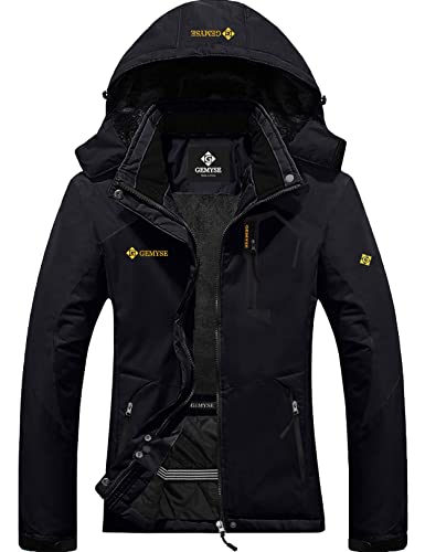 GEMYSE Damen wasserdichte Berg-Skijacke Winddichte Fleece Outdoor-Winterjacke mit Kapuze (Schwarz,S) von GEMYSE