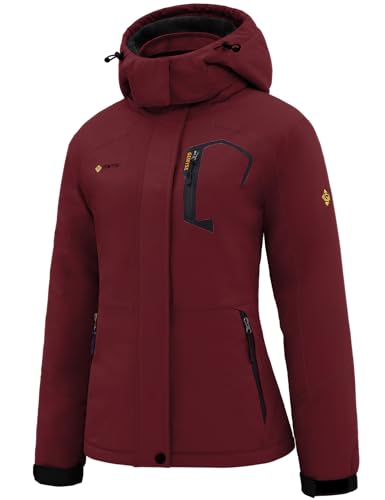 GEMYSE Damen wasserdichte Berg-Skijacke Winddichte Fleece Outdoor-Winterjacke mit Kapuze (Weinrot,XL) von GEMYSE