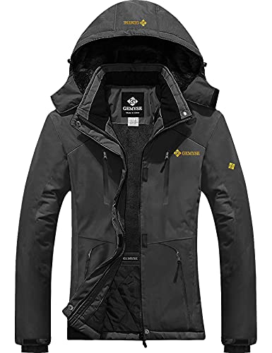 GEMYSE Damen Wasserdichte Skijacke Winddichte Fleece Outdoor Winterjacke Regenjacke mit Kapuze (Eisen Grau 06,L) von GEMYSE