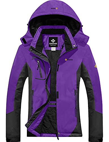 GEMYSE Damen wasserdichte Berg-Skijacke Winddichte Fleece Outdoor-Winterjacke mit Kapuze (Lila Grau,L) von GEMYSE