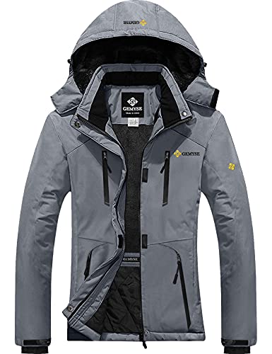 GEMYSE Damen Wasserdichte Skijacke Winddichte Fleece Outdoor Winterjacke Regenjacke mit Kapuze (Rein Mittelgrau 06,S) von GEMYSE