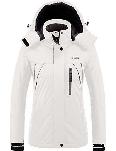 GEMYSE Damen Wasserdichte Berg-Skijacke Winddichte Fleece Outdoor-Winterjacke mit Kapuze (Weiß 01,2XL) von GEMYSE