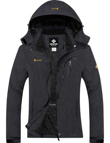 GEMYSE Damen Wasserdichte Berg-Skijacke Winddichte Fleece Outdoor-Winterjacke mit Kapuze (Graphitgrau,XL) von GEMYSE