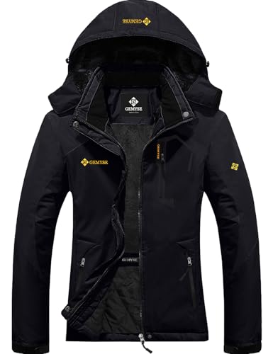 GEMYSE Damen Wasserdichte Berg-Skijacke Winddichte Fleece Outdoor-Winterjacke mit Kapuze (Schwarz,XL) von GEMYSE