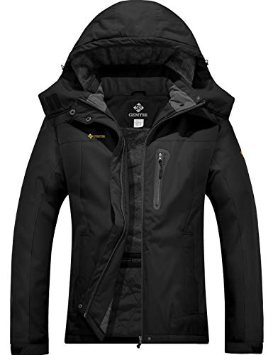 GEMYSE Damen Wasserdichte Berg-Skijacke Winddichte Fleece Outdoor-Winterjacke mit Kapuze (Schwarz,L) von GEMYSE