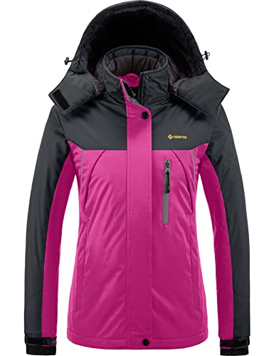 GEMYSE Damen Wasserdichte Berg-Skijacke Winddichte Fleece Outdoor-Winterjacke mit Kapuze (Rosenrot Grau,L) von GEMYSE