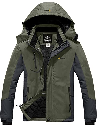 GEMYSE Herren Skijacke Wasserdicht Winddicht Gefüttert Winterjacke mit Kapuze für Sport Freizeit Outdoor(Armeegrün Grau,L) von GEMYSE