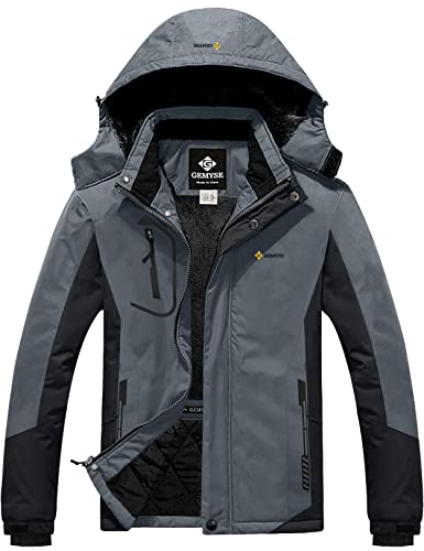 GEMYSE Herren Skijacke Wasserdicht Winddicht Gefüttert Winterjacke mit Kapuze für Sport Freizeit Outdoor(Neutral Grau Schwarz,S) von GEMYSE
