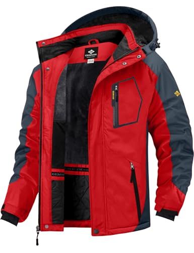 GEMYSE Herren Skijacke Wasserdicht Outdoor Winterjacke Winddicht mit Fleece und Kapuze (Rotgrau,XL) von GEMYSE