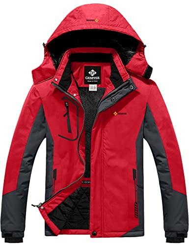 GEMYSE Herren Skijacke Wasserdicht Winddicht Gefüttert Winterjacke mit Kapuze für Sport Freizeit Outdoor(Rotgrau,XL) von GEMYSE