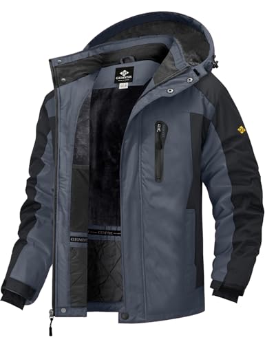 GEMYSE Herren Skijacke Winddicht Wasserdicht Warmes Fleecefutter Winterjacke mit Kapuze für Outdoor(Neutral Grau Schwarz,S) von GEMYSE