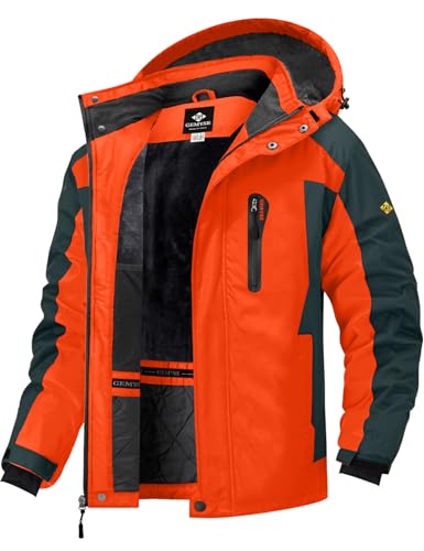 GEMYSE Herren Skijacke Winddicht Wasserdicht Warmes Fleecefutter Winterjacke mit Kapuze für Outdoor(Orange Grau 08,L) von GEMYSE