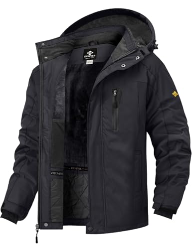 GEMYSE Herren Skijacke Winddicht Wasserdicht Warmes Fleecefutter Winterjacke mit Kapuze für Outdoor(Pures Schwarz,XL) von GEMYSE