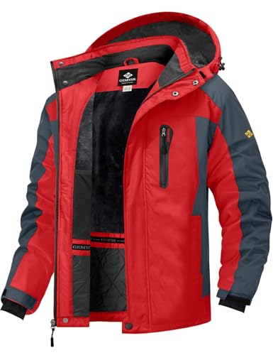 GEMYSE Herren Skijacke Winddicht Wasserdicht Warmes Fleecefutter Winterjacke mit Kapuze für Outdoor(Rot Grau,L) von GEMYSE