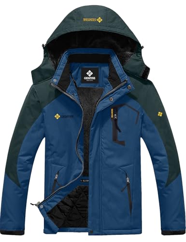 GEMYSE Herren Skijacke Winddichte Wasserdichte Fleece Winterjacke mit Kapuze für Outdoor(Lilablau Dunkelgrau,XL) von GEMYSE