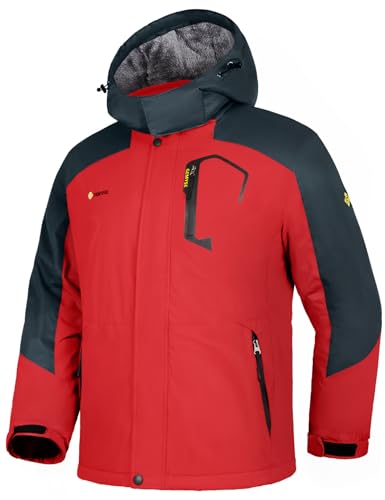 GEMYSE Herren Skijacke Winddichte Wasserdichte Fleece Winterjacke mit Kapuze für Outdoor(Rotgrau,L) von GEMYSE