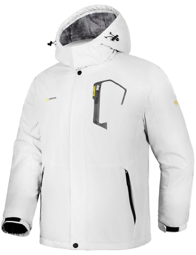 GEMYSE Herren Skijacke Winddichte Wasserdichte Fleece Winterjacke mit Kapuze für Outdoor(Weiß 01,M) von GEMYSE