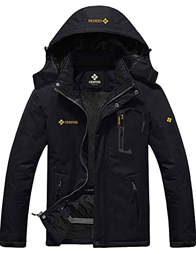 GEMYSE Herren Warme Skijacke Berg Winddicht Wasserdicht Atmungsaktiv Multi-Pocket Outdoor-Winterjacke mit Kapuze,Schwarz,2XL von GEMYSE