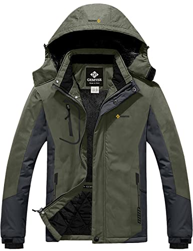 GEMYSE Herren Wasserdichte Berg-Skijacke Winddichte Fleece Outdoor-Winterjacke mit Kapuze (Armeegrün Grau,2XL) von GEMYSE