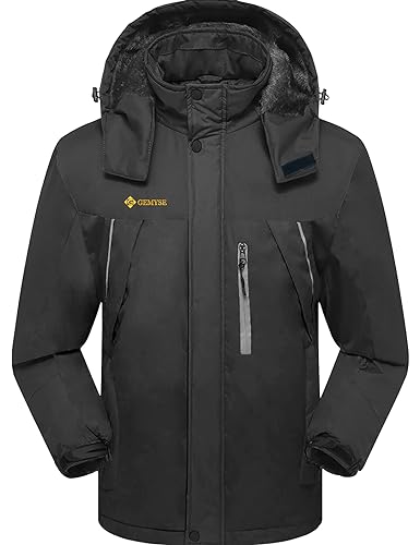 GEMYSE Herren Wasserdichte Berg-Skijacke Winddichte Fleece Outdoor-Winterjacke mit Kapuze (Eisen Grau 01,XL) von GEMYSE