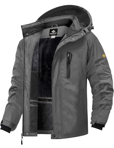 GEMYSE Herren Wasserdichte Berg-Skijacke Winddichte Fleece Outdoor-Winterjacke mit Kapuze (Eisen grau 08,2XL) von GEMYSE