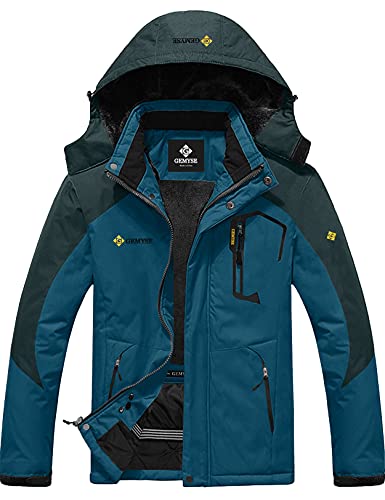 GEMYSE Herren Wasserdichte Berg-Skijacke Winddichte Fleece Outdoor-Winterjacke mit Kapuze (Lilablau Dunkelgrau,L) von GEMYSE