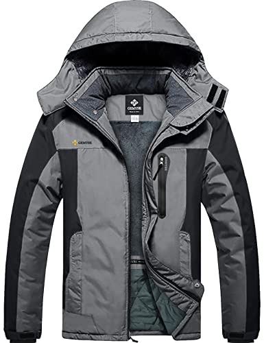 GEMYSE Herren wasserdichte Berg-Skijacke Winddichte Fleece Outdoor-Winterjacke mit Kapuze (Neutral Grau Schwarz,2XL) von GEMYSE