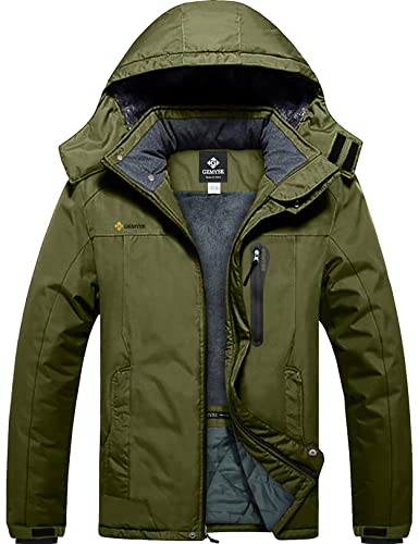 GEMYSE Herren Wasserdichte Berg-Skijacke Winddichte Fleece Outdoor-Winterjacke mit Kapuze (Olivgrün,L) von GEMYSE