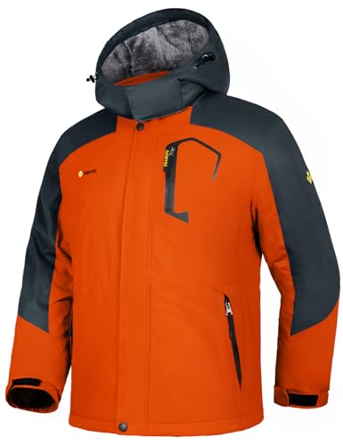 GEMYSE Herren Wasserdichte Berg-Skijacke Winddichte Fleece Outdoor-Winterjacke mit Kapuze (Orange Grau,L) von GEMYSE