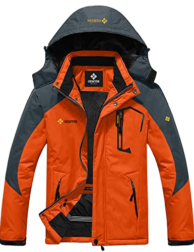 GEMYSE Herren Wasserdichte Berg-Skijacke Winddichte Fleece Outdoor-Winterjacke mit Kapuze (Orange Grau,XL) von GEMYSE