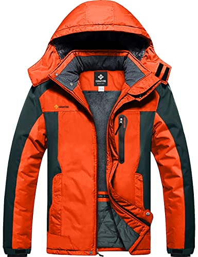 GEMYSE Herren Wasserdichte Berg-Skijacke Winddichte Fleece Outdoor-Winterjacke mit Kapuze (Orange Grau 08,2XL) von GEMYSE