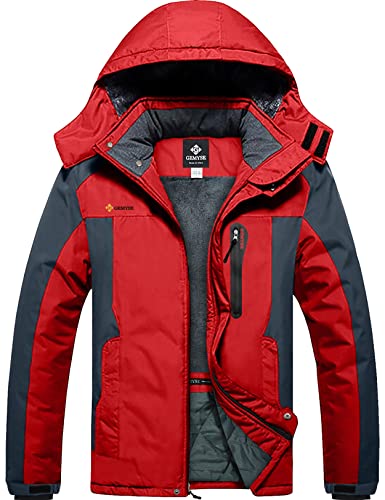 GEMYSE Herren Wasserdichte Berg-Skijacke Winddichte Fleece Outdoor-Winterjacke mit Kapuze (Rot Grau,XL) von GEMYSE