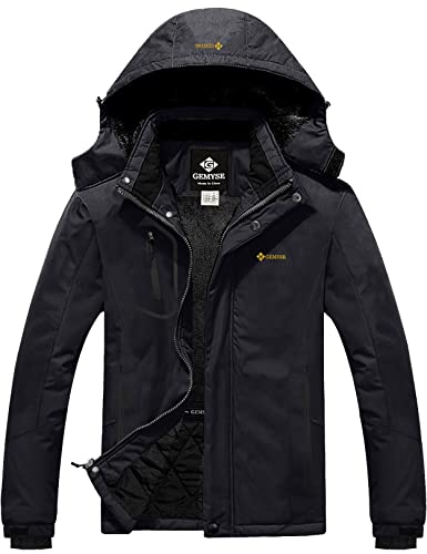 GEMYSE Herren Wasserdichte Berg-Skijacke Winddichte Fleece Outdoor-Winterjacke mit Kapuze (Schwarz,2XL) von GEMYSE