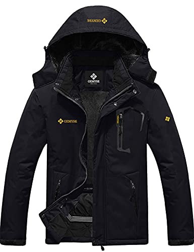 GEMYSE Herren wasserdichte Berg-Skijacke Winddichte Fleece Outdoor-Winterjacke mit Kapuze (Schwarz,2XL) von GEMYSE