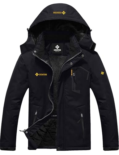 GEMYSE Herren Wasserdichte Berg-Skijacke Winddichte Fleece Outdoor-Winterjacke mit Kapuze (Schwarz,L) von GEMYSE