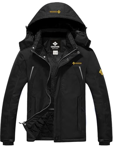 GEMYSE Herren Wasserdichte Berg-Skijacke Winddichte Fleece Outdoor-Winterjacke mit Kapuze (Schwarz,M) von GEMYSE
