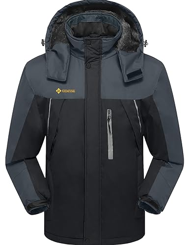 GEMYSE Herren Wasserdichte Berg-Skijacke Winddichte Fleece Outdoor-Winterjacke mit Kapuze (Schwarzgrau,2XL) von GEMYSE