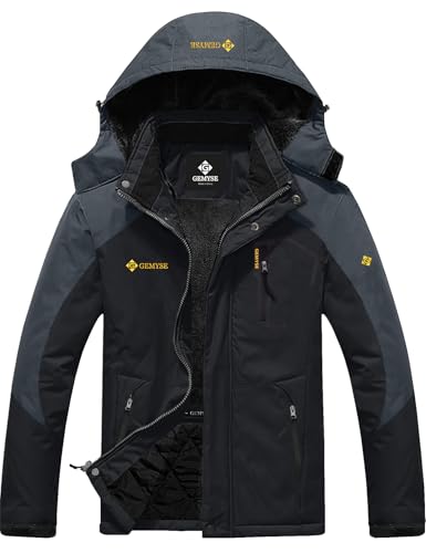 GEMYSE Herren Wasserdichte Berg-Skijacke Winddichte Fleece Outdoor-Winterjacke mit Kapuze (Schwarzgrau,M) von GEMYSE
