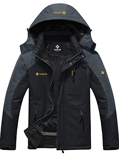 GEMYSE Herren Wasserdichte Berg-Skijacke Winddichte Fleece Outdoor-Winterjacke mit Kapuze (Schwarzgrau,S) von GEMYSE