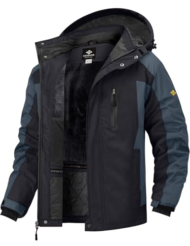 GEMYSE Herren Wasserdichte Berg-Skijacke Winddichte Fleece Outdoor-Winterjacke mit Kapuze (Schwarzgrau,XL) von GEMYSE