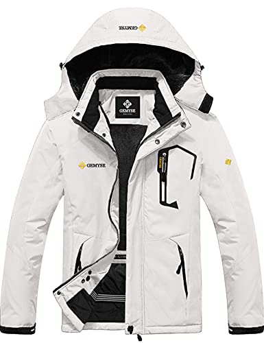 GEMYSE Herren Wasserdichte Berg-Skijacke Winddichte Fleece Outdoor-Winterjacke mit Kapuze (Weiß 01,2XL) von GEMYSE