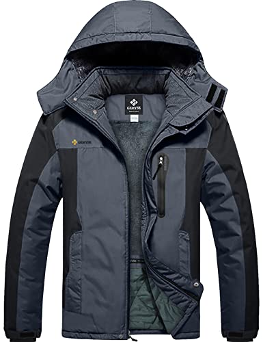 GEMYSE Herren Wasserdichte Berg-Skijacke Winddichte Fleece Outdoor-Winterjacke mit Kapuze (Neutral Grau Schwarz,XL) von GEMYSE
