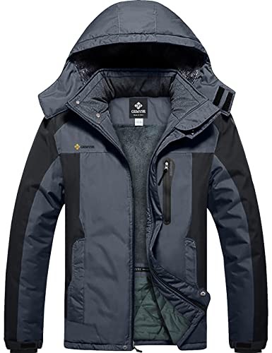 GEMYSE Herren wasserdichte Berg-Skijacke Winddichte Fleece Outdoor-Winterjacke mit Kapuze (Neutral Grau Schwarz,XL) von GEMYSE