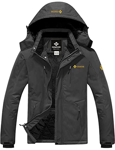 GEMYSE Herren Wasserdichte Skijacke Winddichte Fleece Outdoor Winterjacke mit Kapuze (Eisen grau 06,S) von GEMYSE