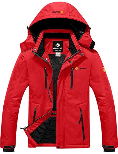 GEMYSE Herren Wasserdichte Skijacke Winddichte Fleece Outdoor Winterjacke mit Kapuze (Rot,XL) von GEMYSE