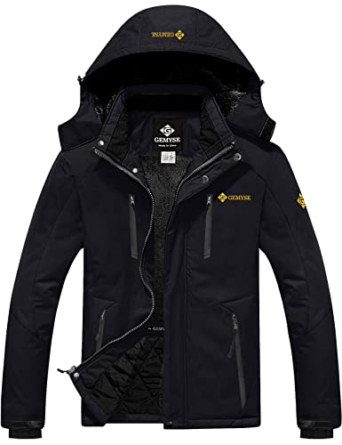 GEMYSE Herren Wasserdichte Skijacke Winddichte Fleece Outdoor Winterjacke mit Kapuze (Schwarz 06,2XL) von GEMYSE