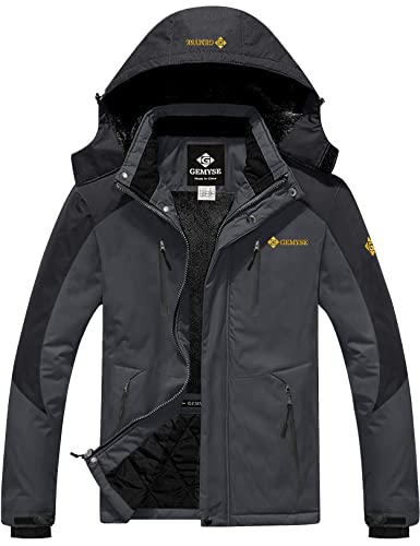GEMYSE Herren Wasserdichte Skijacke Winddichte Fleece Outdoor Winterjacke mit Kapuze (Schwarzgrau 06,S) von GEMYSE